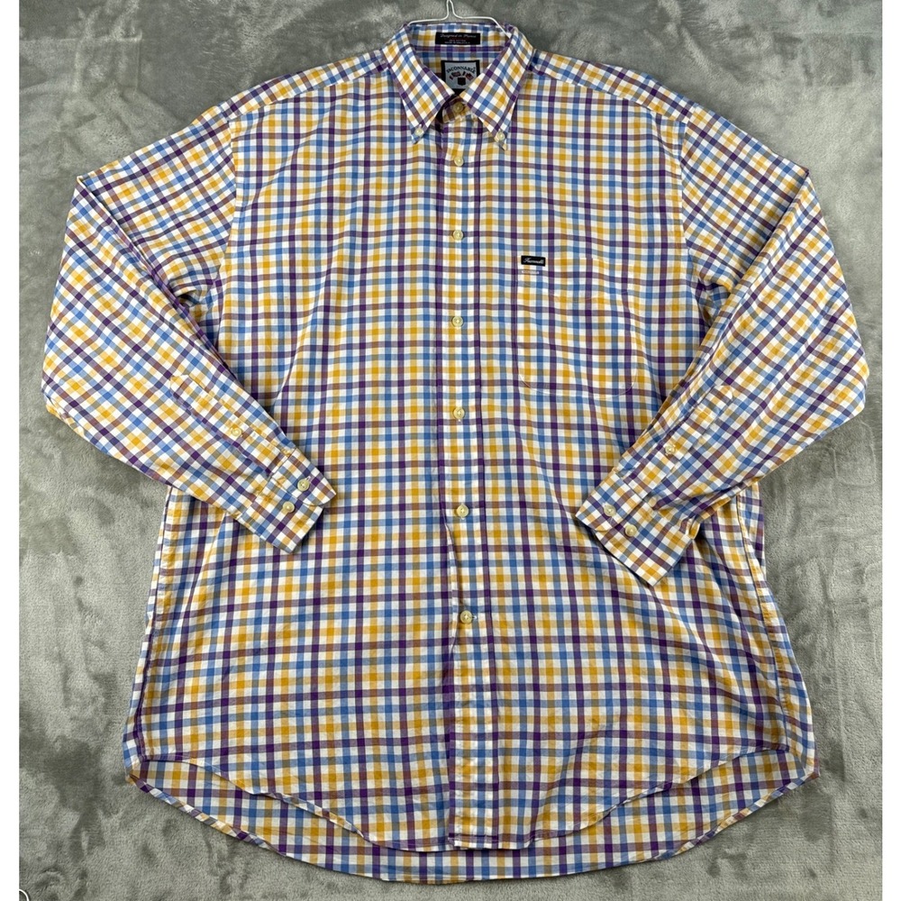 Faconnable Button-Down Mens L Gingham Purple Yellow Check EUC